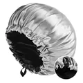Detail of dual-layer satin hair bonnet with adjustable buckle and elastic band for men - Black/Grey