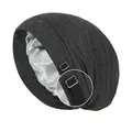 Dark grey adjustable sleep cap with silver silk satin lining and metal buckle - Dark Gray