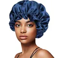 Detail view of dark blue satin sleep bonnet featuring ruffled edges and elastic band texture - 30cm / Navy Solid