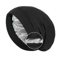 Double-layered black knit sleep bonnet with silver satin lining and elastic detail - One Size / Black