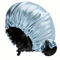 Detail of adjustable elastic drawstring and buckle on double-layer satin sleep cap - Light Blue/Black