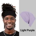 Close-up of light purple elastic headscarf and model wearing a black multifunctional neck gaiter - Light Purple