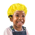 Detail of adjustable drawstring buckle on glossy yellow satin bonnet for kids - Yellow