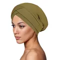Olive green ribbed knit turban hat with stylish crisscross forehead knot for women - Army Green