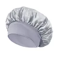 Silver grey satin sleep cap with rhinestones and wide elastic headband for hair care - One Size / Gray