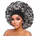 Macro detail of leopard print satin bonnet with wide black elastic stretch headband - Tan Leopard Print Style