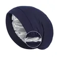 Double-layer navy blue sleeping bonnet with silver satin lining and elastic band - One Size / Navy Blue