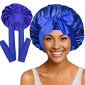 Détails du bonnet de nuit en satin bleu avec larges rubans et nœud décoratif - Couture Intérieure / Bleu royal