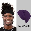 Detail of deep purple multi-functional elastic headwear worn as a wide headband - Purple