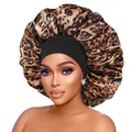 Detail of large satin bonnet featuring leopard print and black wide elastic headband - Classic Brown Leopard Style