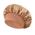 Golden brown satin sleep cap with rhinestones and wide elastic headband for hair care - One Size / Khaki
