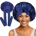 Détails du bonnet de nuit en satin bleu marine avec de longs rubans et un grand nœud - Couture Intérieure / Bleu marine
