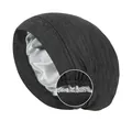 Elastic dual-layer sleep bonnet with dark grey knit exterior and silver satin lining - One Size / Dark Gray