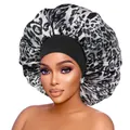 Detailed view of large leopard print satin bonnet with black wide elastic headband - Black Gray Leopard Style