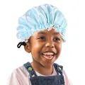 Detail view of light blue satin sleep cap for kids featuring an adjustable black buckle - Light Blue