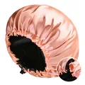 Detalle de la correa elástica ajustable en el gorro de dormir de satén de doble capa - Oro Rosa/Negro