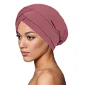 Women's turban hat in dusty pink ribbed fabric with a stylish cross-front design - Dusty Rose