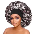 Detailed close-up of large leopard print satin sleep bonnet with a wide elastic black band - Light Classic Leopard Style