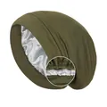 Double-layer elastic sleeping bonnet in dark green with silver satin lining and detail zoom - One Size / Army Green