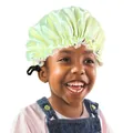 Adjustable light green satin hair bonnet for kids showing buckle and silk texture - Fluorescent Green