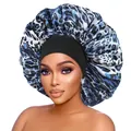 Detail view of the blue leopard print satin bonnet featuring a wide elastic black band - Blue White Leopard Style