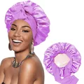Détail du bonnet de nuit en satin violet avec large ruban élastique et fini soyeux - Taille unique / Violet Clair et Beige
