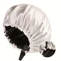 Detalle de la banda elástica ajustable en el gorro de dormir de satén de doble capa - Blanco Perla/Negro