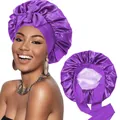 Détail du bonnet de nuit en satin violet montrant la texture brillante et les rubans - Taille unique / Violet Foncé + Violet Clair
