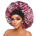 Detail of pink leopard print satin bonnet with wide black elastic headband for hair protection - Pink Black Leopard Style
