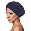 Navy blue ribbed knit turban featuring a stylish criss-cross layered forehead design - Navy Blue
