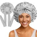Bonnet de nuit en satin argenté avec longs rubans ajustables et nœud pour cheveux - Couture Intérieure / Gris