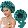 Bonnet de nuit en satin vert foncé double couche avec longs rubans pour le soin des cheveux - Taille unique / Cyan + Noir