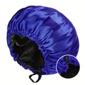 Vista detallada del gorro de dormir de satén de doble capa con cordón elástico ajustable - Azul Oscuro/Negro
