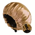 Detalle del gorro de dormir de satén dorado con cordón elástico ajustable y hebilla de cierre - 金棕色/黑色