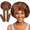 Vue détaillée du bonnet de nuit en satin marron avec ruban et longues lanières - Couture Intérieure / Café