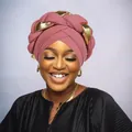 Detail of rose pink turban hat with golden braided twist and pleated texture for women - One Size / Dusty Rose
