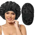 Bonnet de nuit en satin double couche avec large bande élastique et nœud noir - Taille unique / Noir + Noir