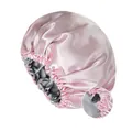 Detalle de la hebilla ajustable en un gorro de dormir de satén de doble capa para el cabello - Rosa/Gris