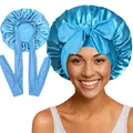 Détail du bonnet de nuit en satin bleu avec grand nœud et bord élastique pour les cheveux - Couture Intérieure / Bleu Paon