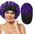 Détail du bonnet de nuit en satin double couche avec velours et large bande élastique - Taille unique / Violet + Noir