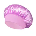 Pink satin hair bonnet with sparkling rhinestones and elastic wide band for hair care - One Size / Light Purple