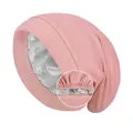 Pink double-layer satin lined bonnet cap with elastic band and silver grey interior - One Size / Peach