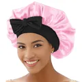 Rosa Satin-Schlafmütze mit breitem schwarzen Elastikband und Schleife für Damen - Rosa mit schwarzem Rand