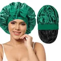 Détail du bonnet de nuit en satin vert double couche avec nœud et large bande élastique - Taille unique / Vert+Noir