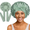 Bonnet de nuit en satin vert sauge avec de longs rubans réglables et un grand nœud - Couture Intérieure / Vert matcha
