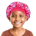 Pink satin sleeping bonnet for kids featuring cartoon unicorn prints and elastic wide band - Rose Red