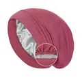 Deep pink double-layer sleep bonnet with smooth silver satin lining and elastic hem - One Size / Dusty Rose