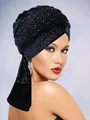Close-up of black velvet turban featuring sparkling rhinestones and elegant long drape detail - One Size / Navy Blue