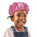 Pink satin hair bonnet for kids with unicorn and star patterns and adjustable strap - Rose Red Print