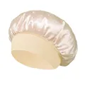 Pink satin sleep cap with rhinestones and wide beige elastic band for hair care - One Size / Beige